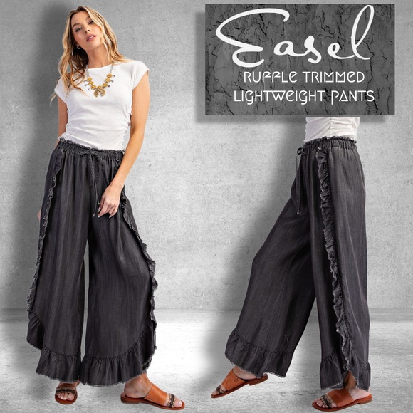 easel Pants - EASEL Raw Ruffle Trim Lightweight Pants Elastic & Drawstring Waist & Scooped Hem